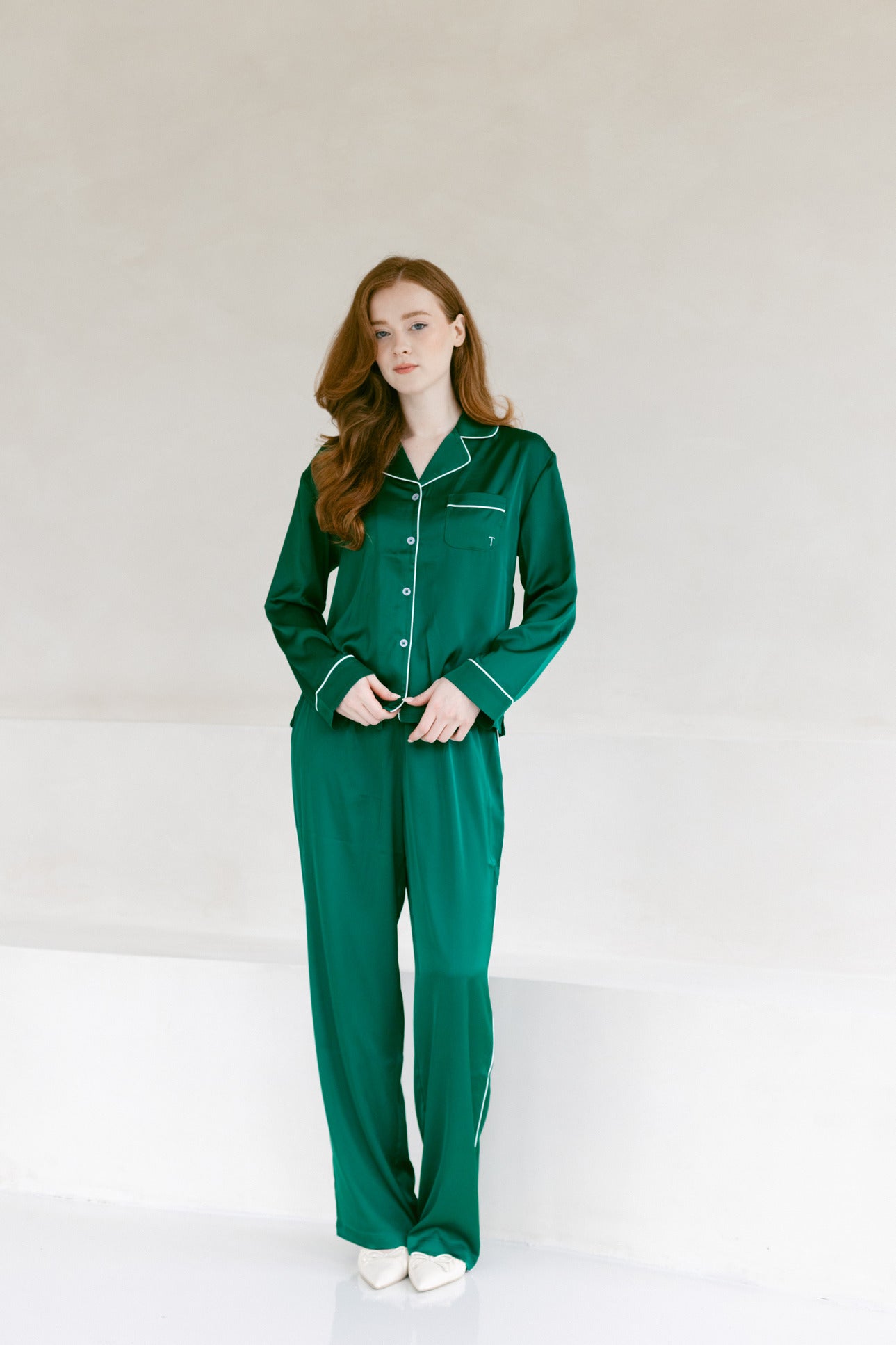 Emerald Green Satin Pajama Set